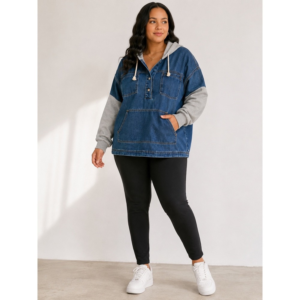 Easel Los Angeles Womens Denim Mixed Media Hoodie Pullover Blue Size M Western